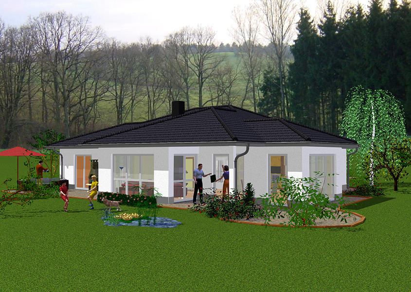 Bungalow Rückansicht mit lichtdurchfluteten Fenstern
