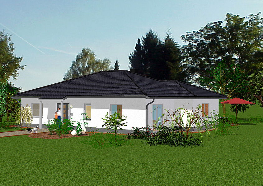 Bungalow Vorderansicht mit überdachtem Eingang