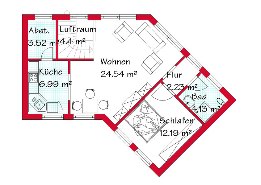 Das Obergeschoss des Landhauses mit Einliegerwohnung auf 54,5 m²