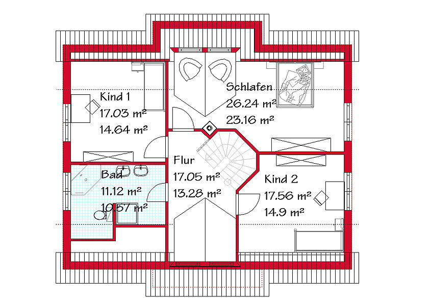Das Dachgeschoss des klassischen Hauses mit 76,5 m²