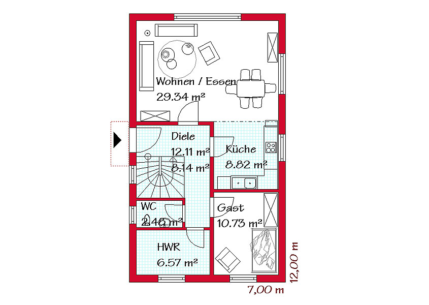 Das Erdgeschoss des klassischen Hauses mit 66,5 m²