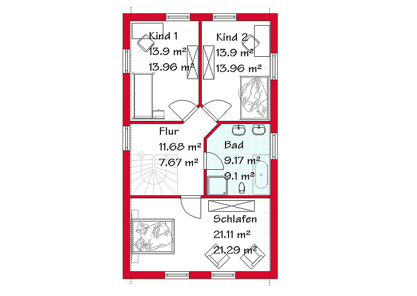 Das Dachgeschoss des klassischen Hauses mit 66,3 m²