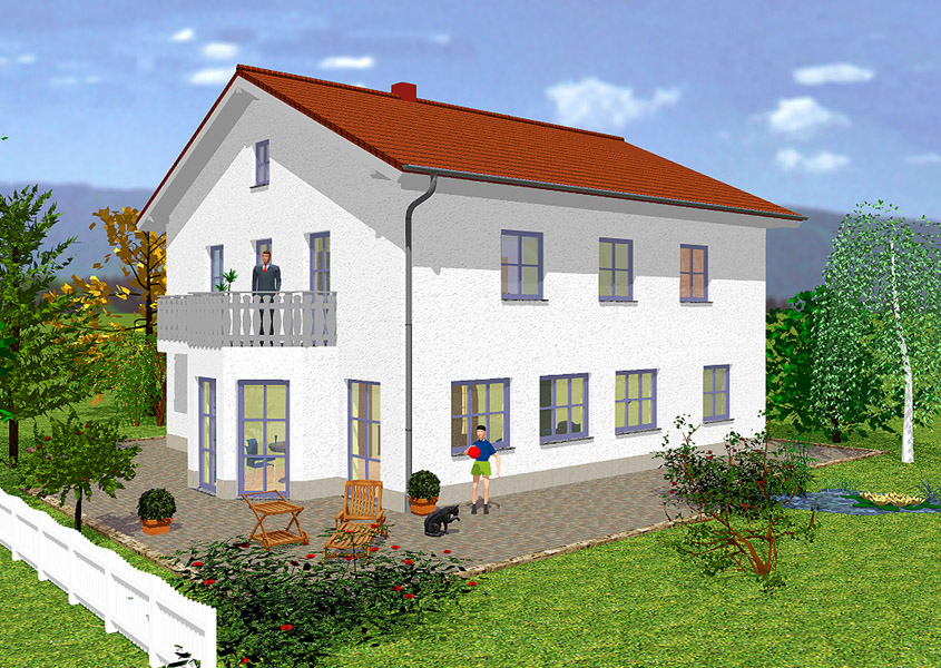 Rückansicht Einfamilienhaus – Balkon inklusive