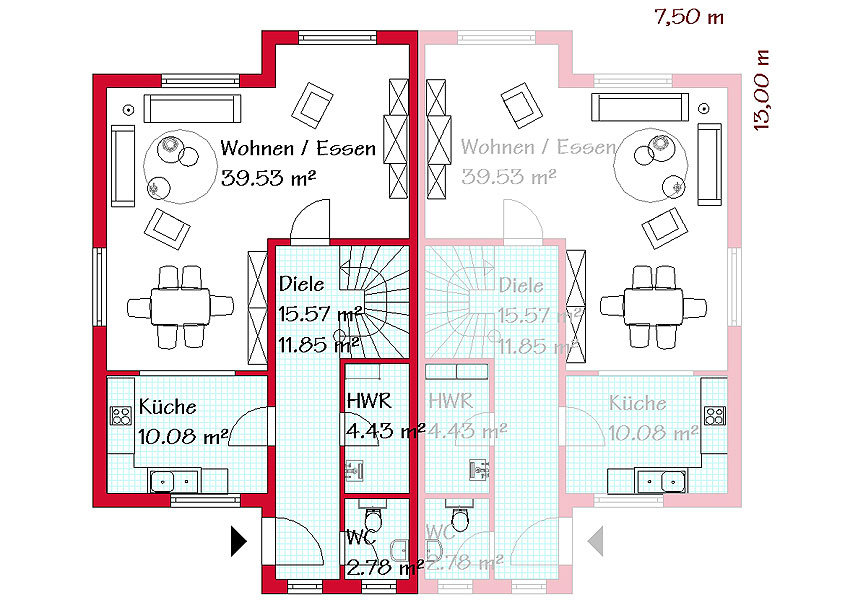 Das Erdgeschoss des Doppelhauses mit 68,6 m²