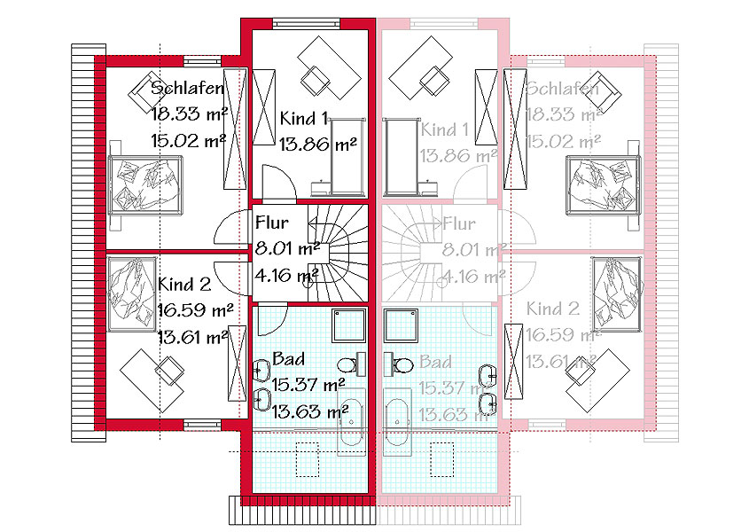 Das Obergeschoss des Doppelhauses mit 61,1 m²