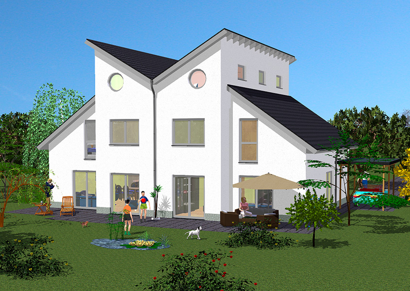 Rückansicht Doppelhaus – Freizeit und Hobby hinterm Haus