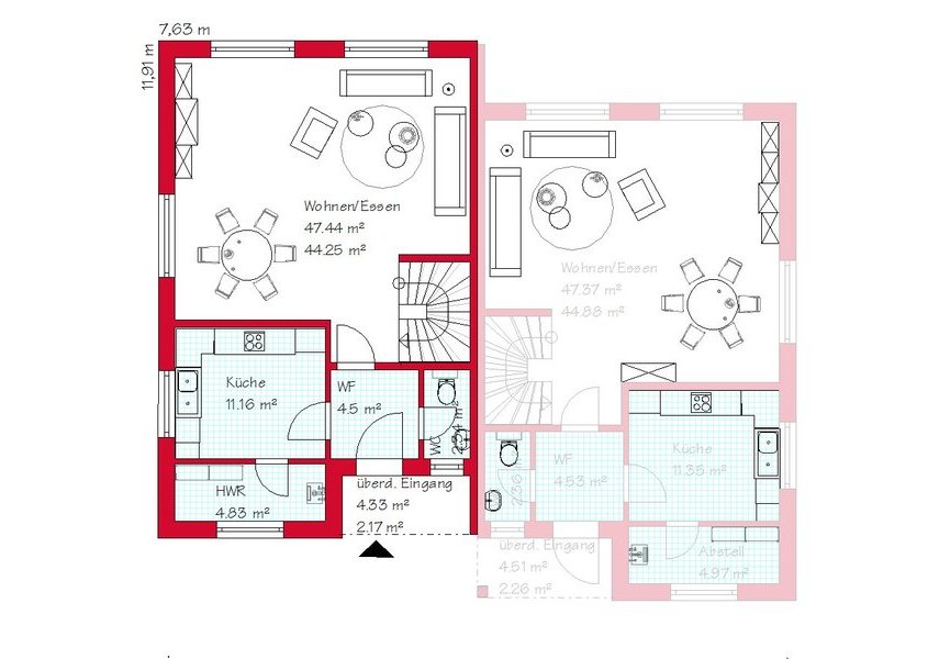 Das Erdgeschoss des Doppelhauses mit 70,8 m²