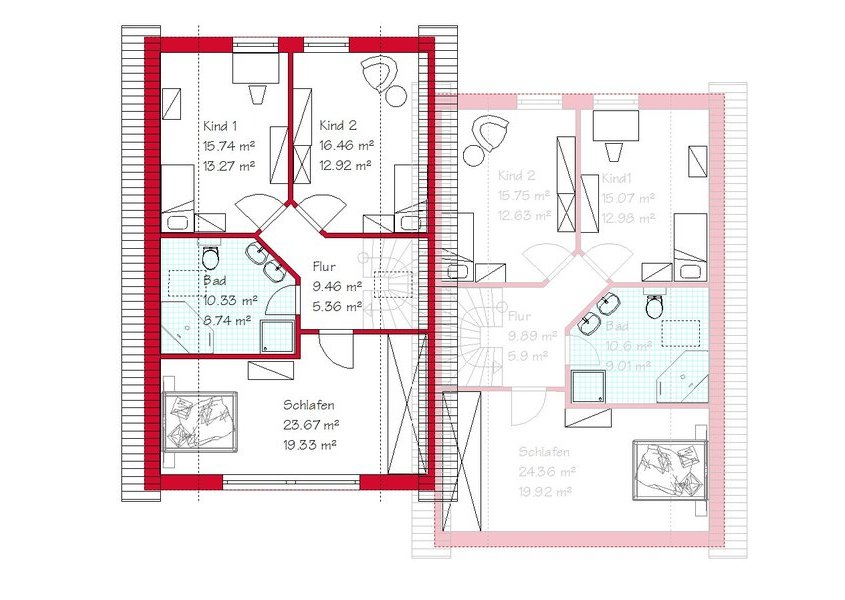 Das Dachgeschoss des Doppelhauses mit 56,1 m²