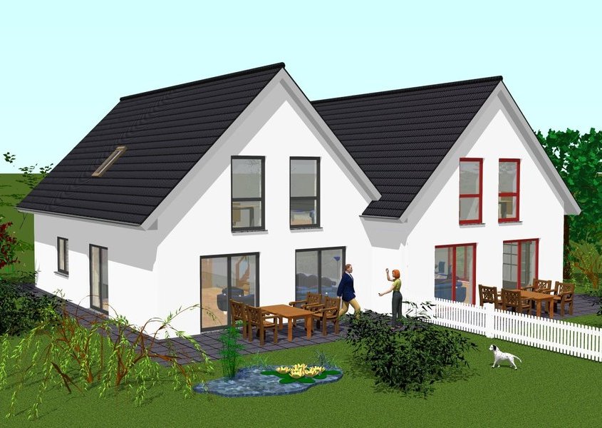 Rückansicht Doppelhaus – Freizeit im Garten