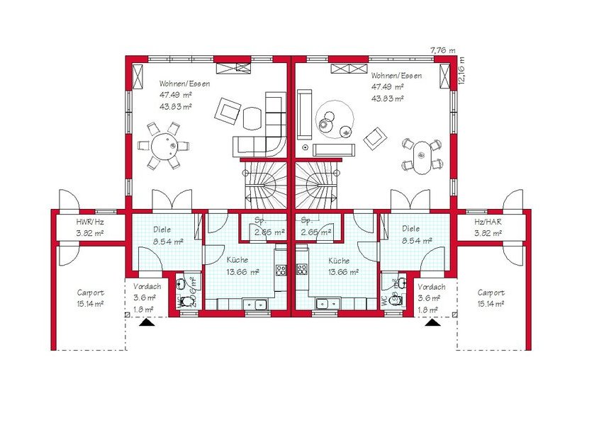 Das Erdgeschoss des Doppelhauses mit 74,1 m²