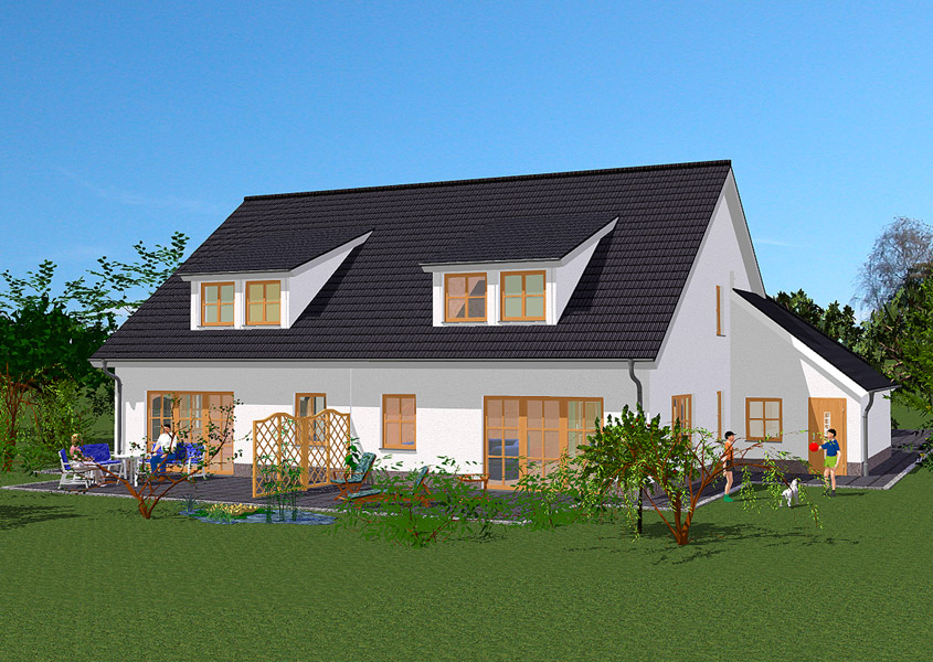 Rückansicht Doppelhaus – Freizeit im Garten