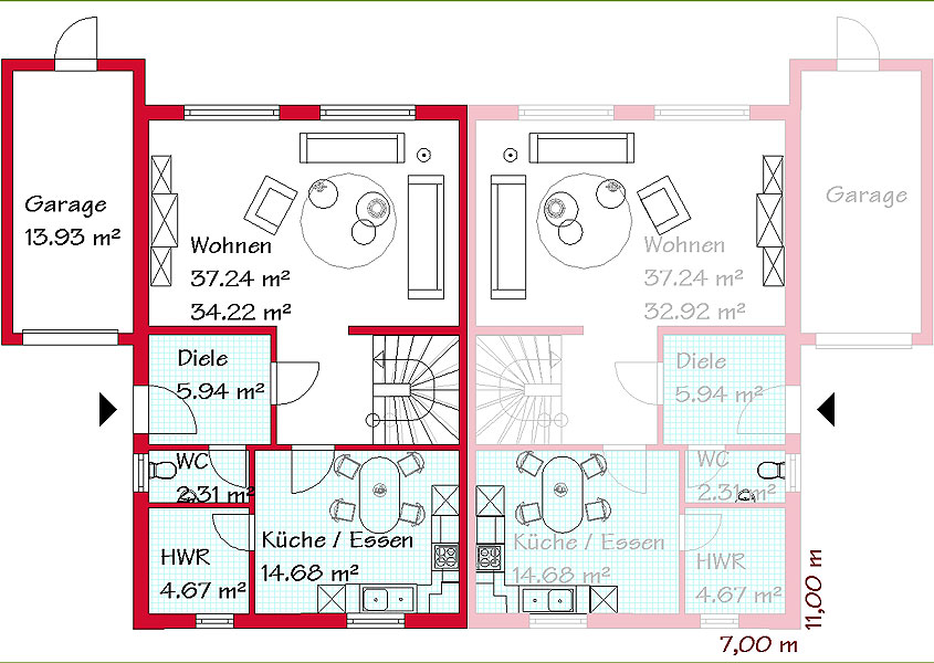 Das Erdgeschoss des Doppelhauses mit 62,1 m²