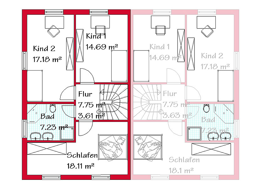 Das Obergeschoss des Doppelhauses mit 60,6 m²