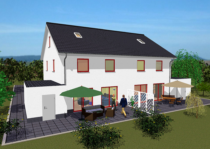 Rückansicht Doppelhaus – Terrasse und Garage