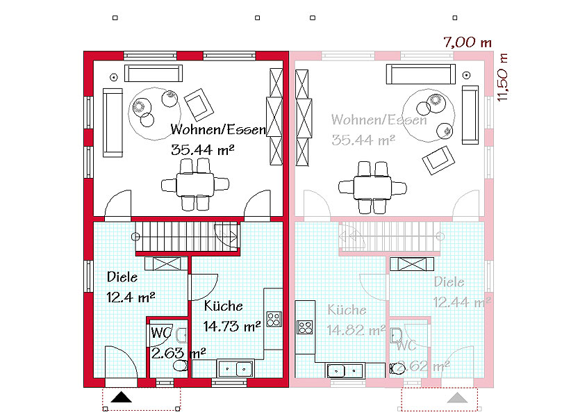Das Erdgeschoss des Doppelhauses mit 64,1 m²