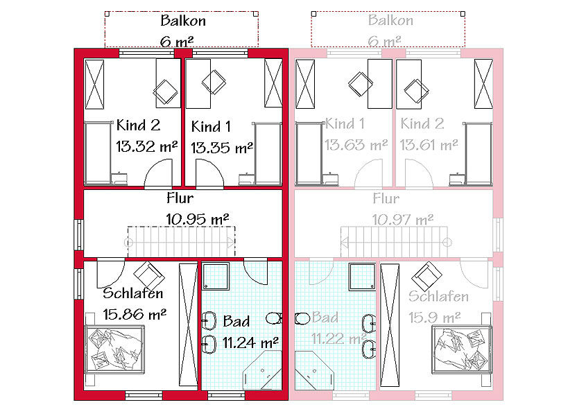 Das Obergeschoss desDoppelhauses mit 68,2 m²