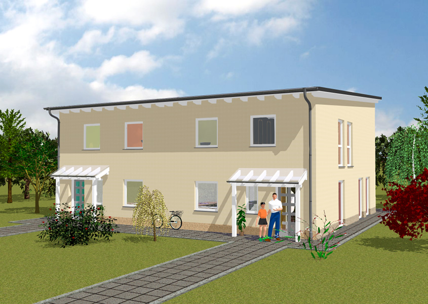 Vorderansicht Doppelhaus – Moderne Architektur mit Pultdach