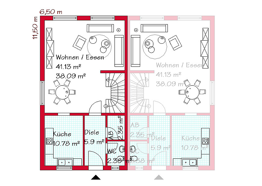 Das Erdgeschoss des Doppelhauses mit 59,4 m²