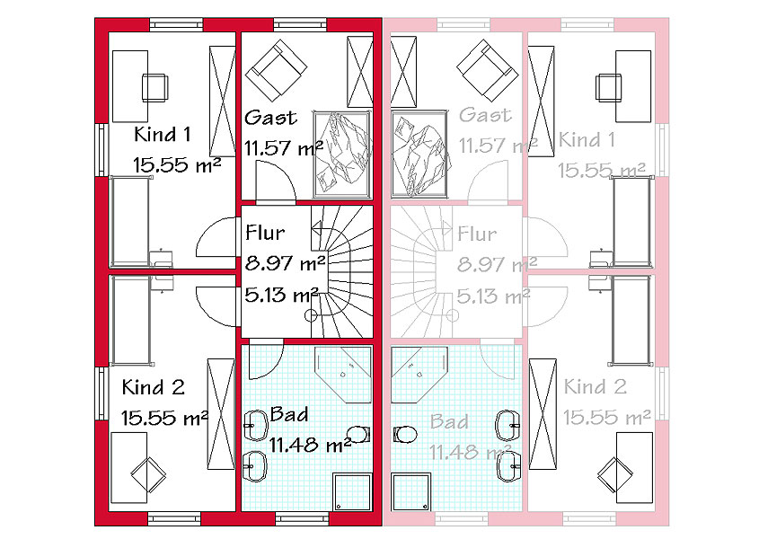 Das Obergeschoss des Doppelhauses mit 59,1 m²