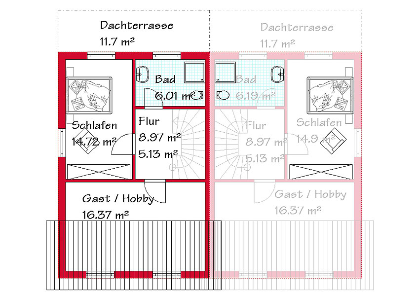 Das Dachgeschoss des Doppelhauses mit 47,7 m²