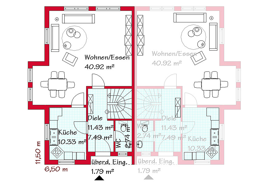 Das Erdgeschoss des Doppelhauses mit 61,0 m²