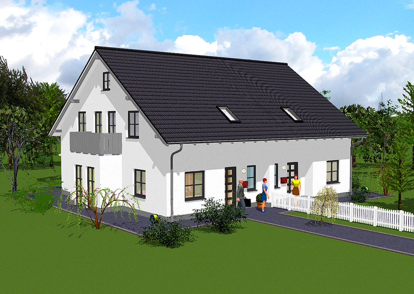 Vorderansicht Doppelhaus – Modern Wohnen im Doppelhaus