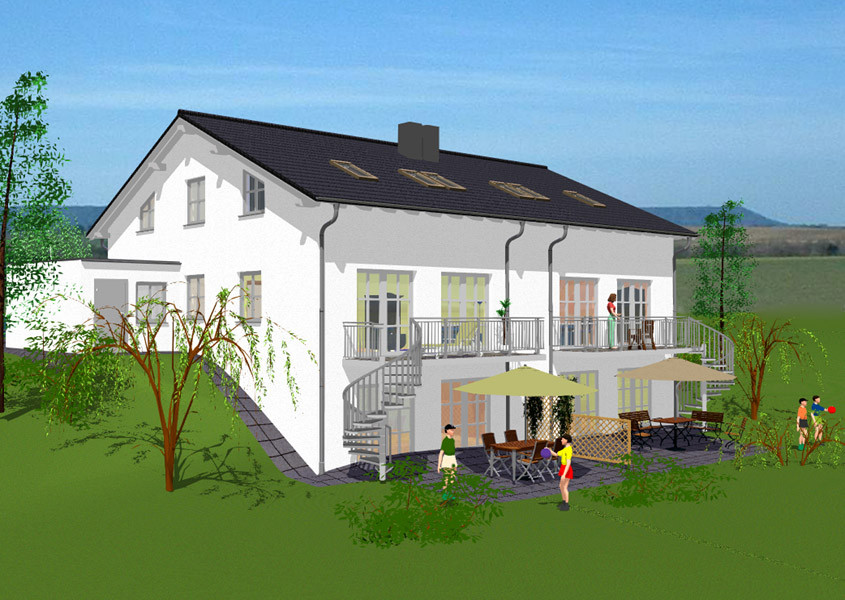 Rückansicht Doppelhaus – Souterrain und Balkon