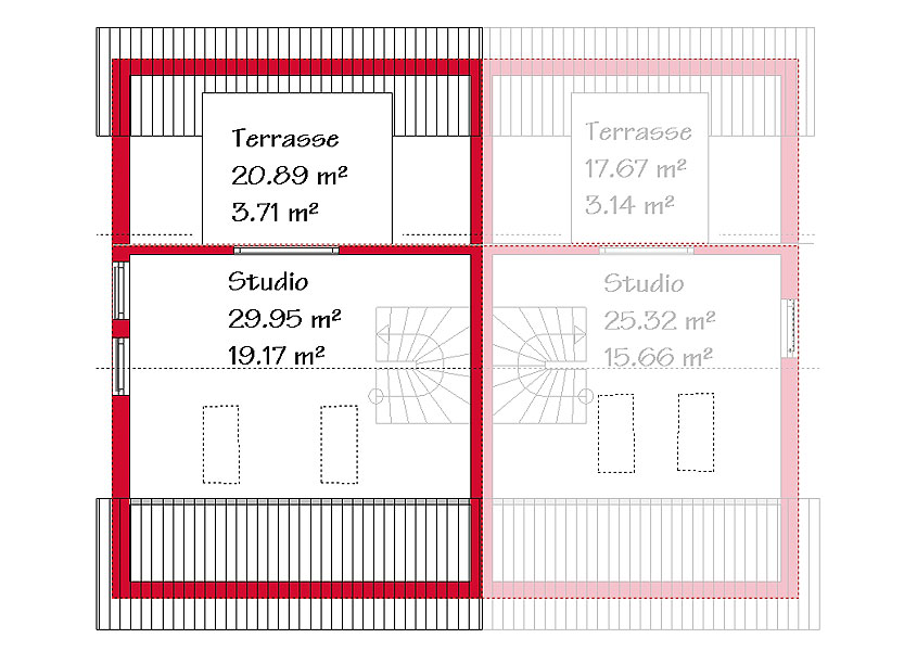 Das Dachgeschoss des Doppelhauses mit 24,4 m² / 19,3 m²