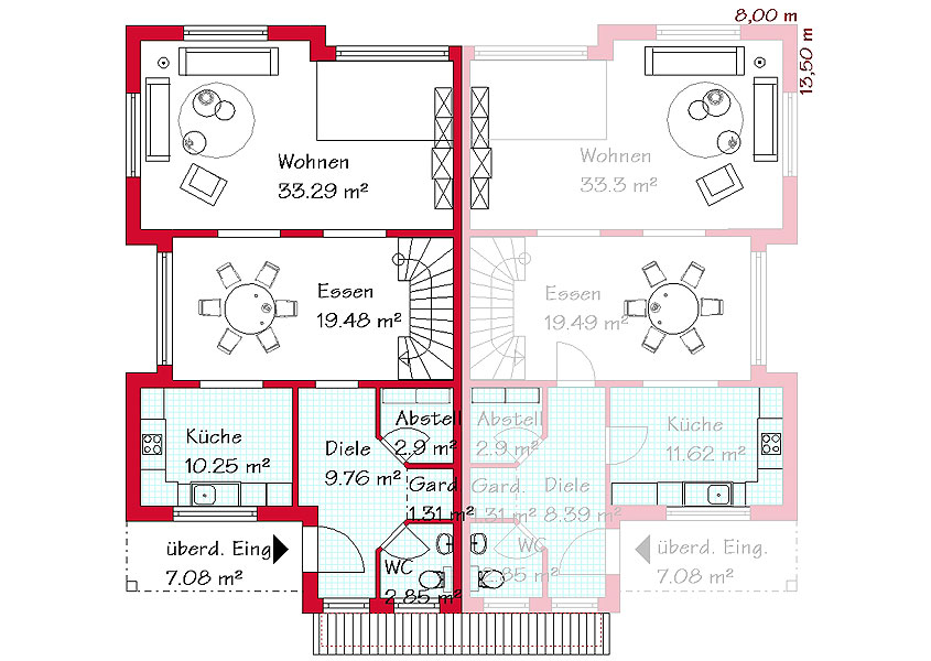 Das Erdgeschoss des Doppelhauses mit 82,7 m²
