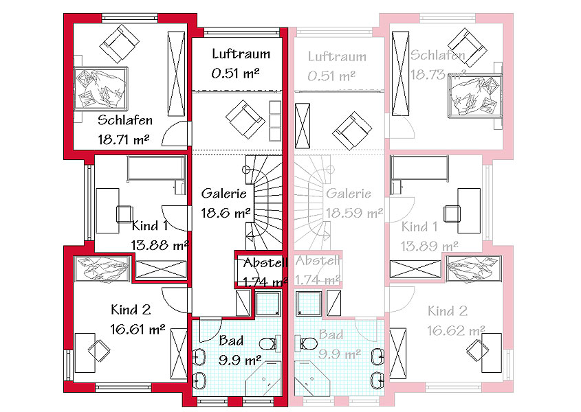 Das Obergeschoss des Doppelhauses mit 78,2 m²