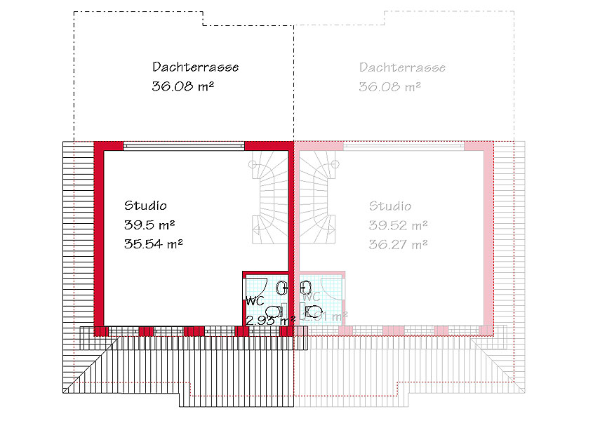 Das Dachgeschoss des Doppelhauses mit 56,4 m²
