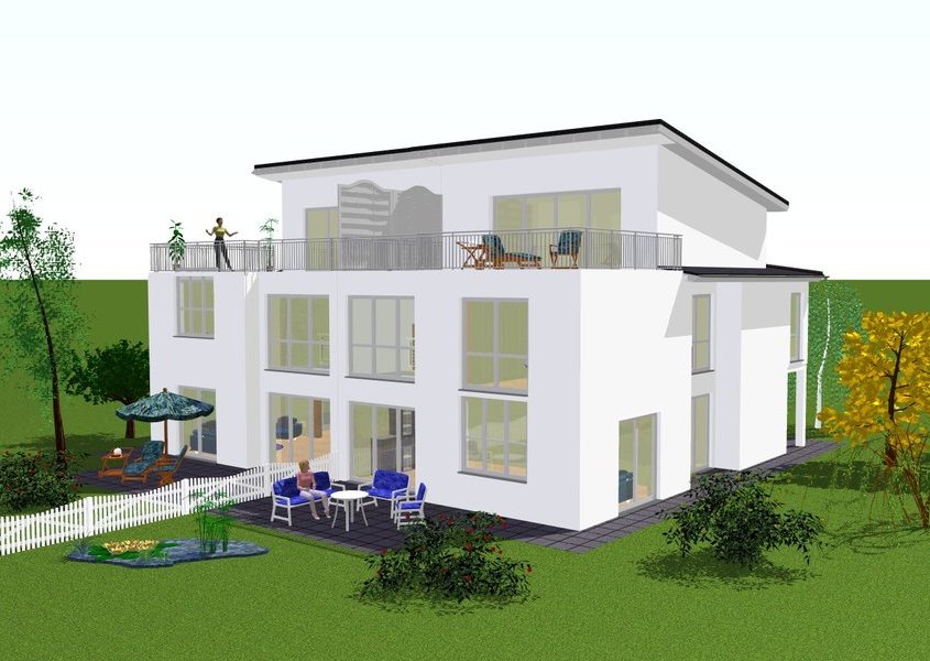 Rückansicht Doppelhaus – Luxus auf der Dachterrasse
