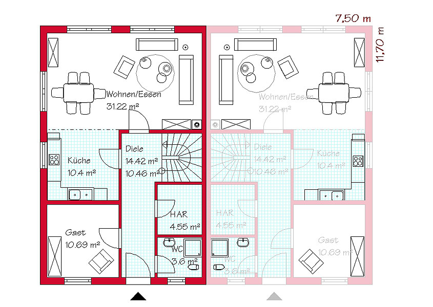 Das Erdgeschoss des Doppelhauses mit 71,2 m²