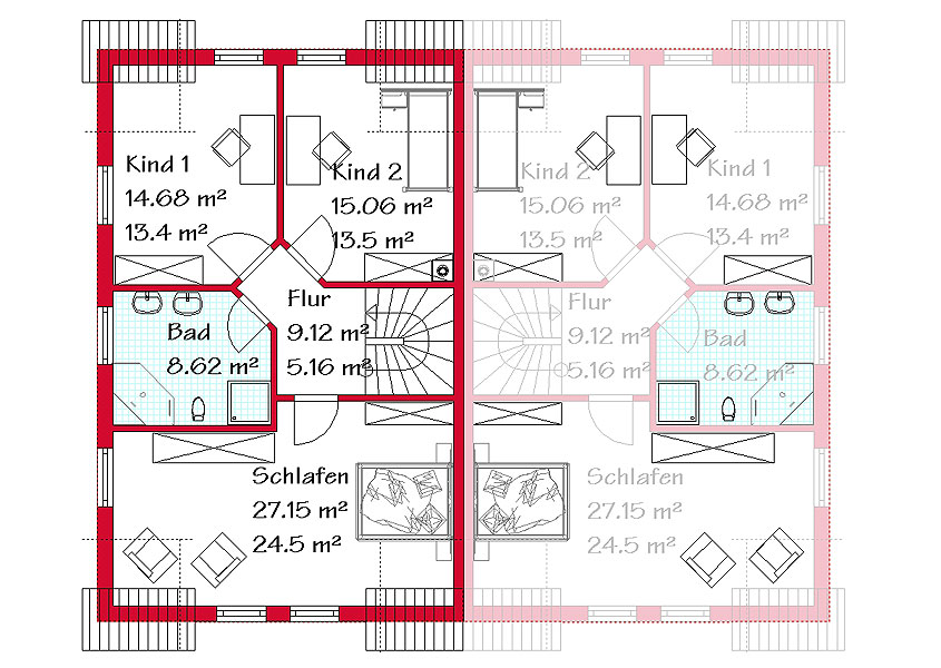 Das Dachgeschoss des Doppelhauses mit 65,1 m²