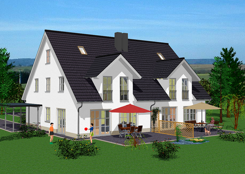Rückansicht Doppelhaus – Geteiltes Wohnglück