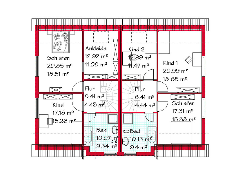 Das Dachgeschoss des Doppelhauses mit 58,9 m² bzw. 59,5 m²