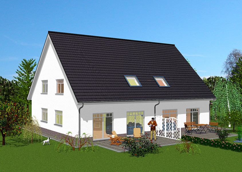 Rückansicht Doppelhaus – Freizeit in getrennten Bereichen