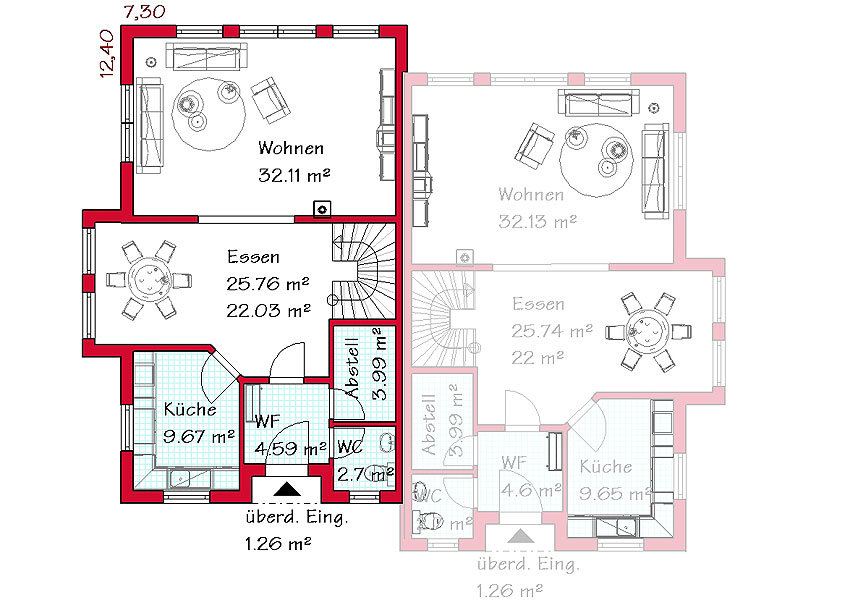 Das Erdgeschoss des Doppelhauses mit 74,5 m²