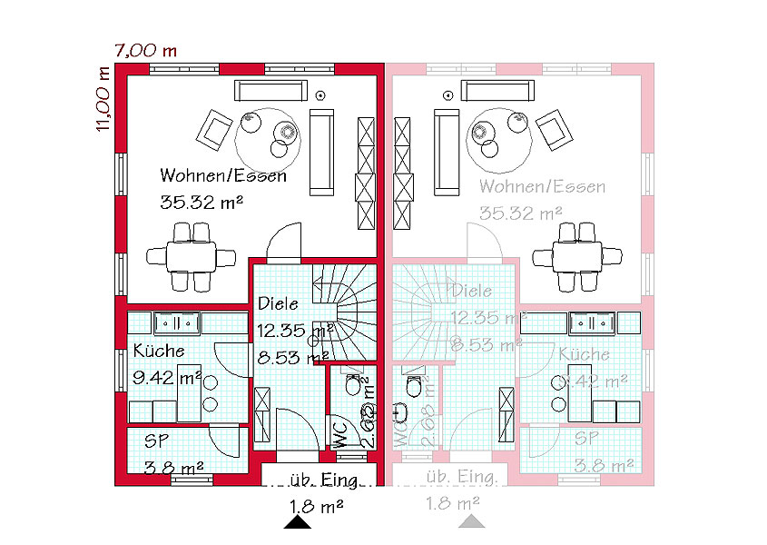Das Erdgeschoss des Doppelhauses mit 59,7 m²