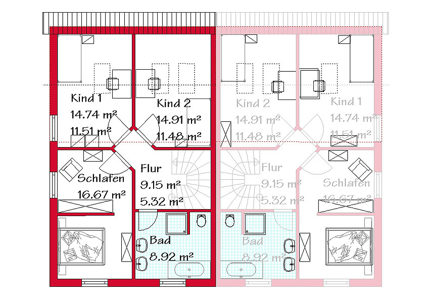 Das Dachgeschoss des Doppelhauses mit 54,0 m²