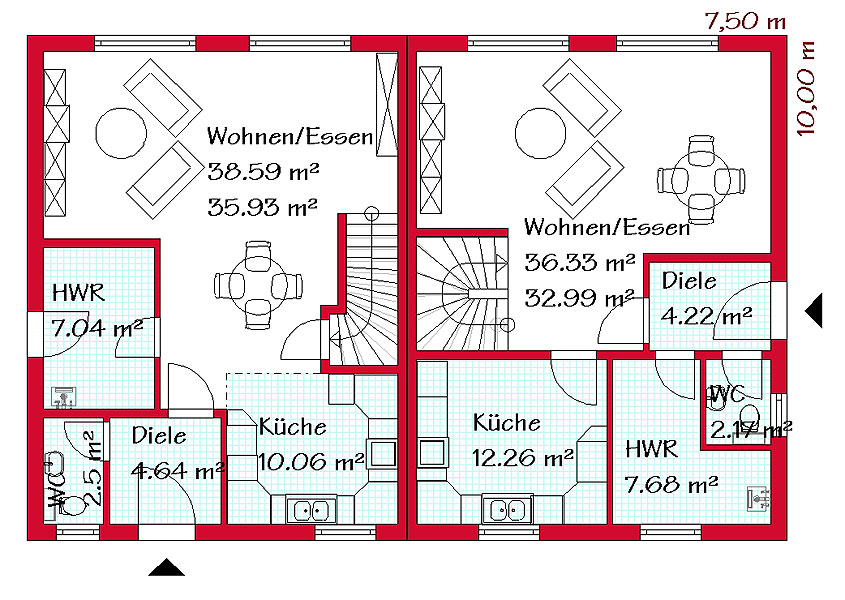 Das Erdgeschoss des Doppelhauses mit 63,9 / 60,2 m²