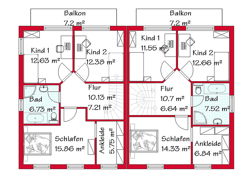 Das Obergeschoss des Doppelhauses mit 60,7 m² / 62,9 m²