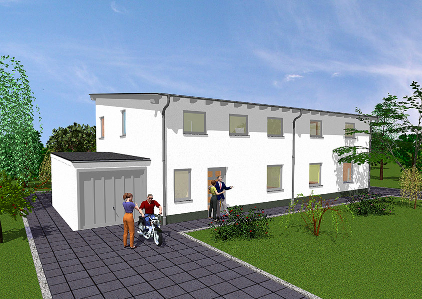 Vorderansicht Doppelhaus – Stilvoll und modern mit Pultdach