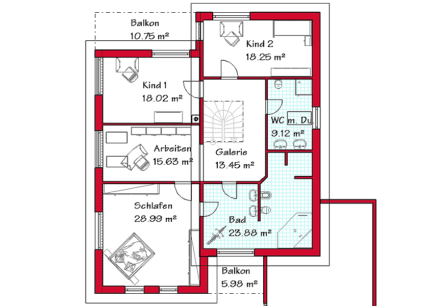 Das Dachgeschoss des Luxushauses mit 135,9 m²