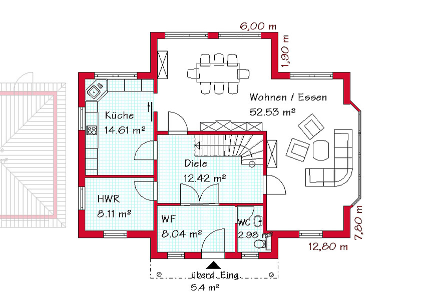 Das Erdgeschoss des Mehrgiebelhauses mit 101,7 m&supo2;