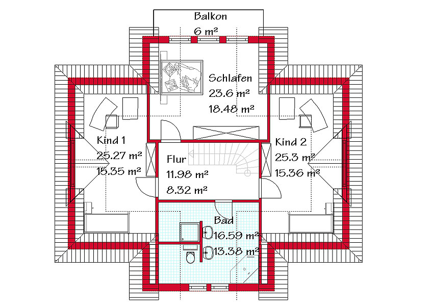 Das Dachgeschoss des Mehrgiebelhauses mit 75,4 m&sup2M