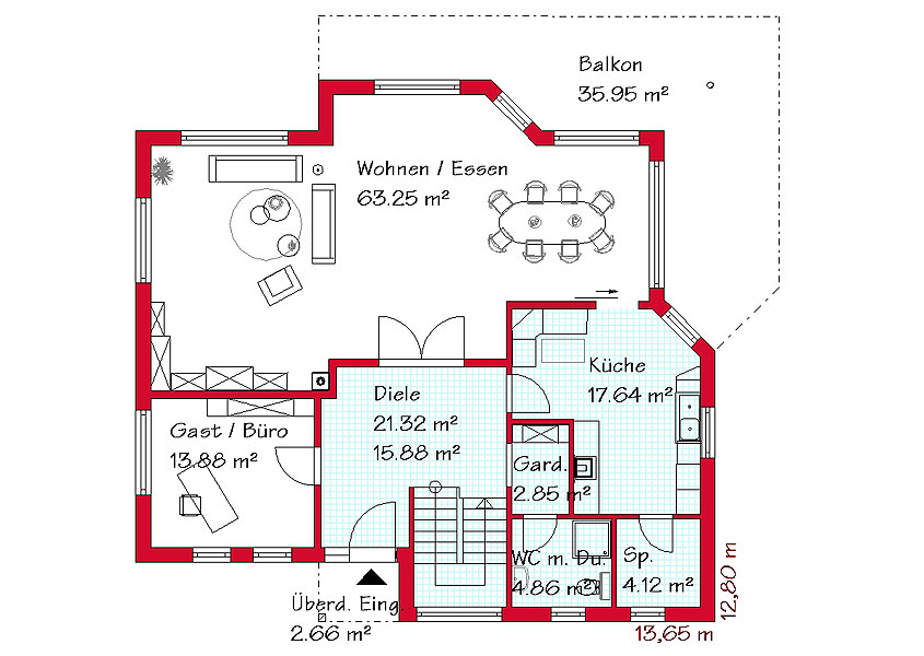 Das Erdgeschoss des Luxushauses mit 141,7 m²