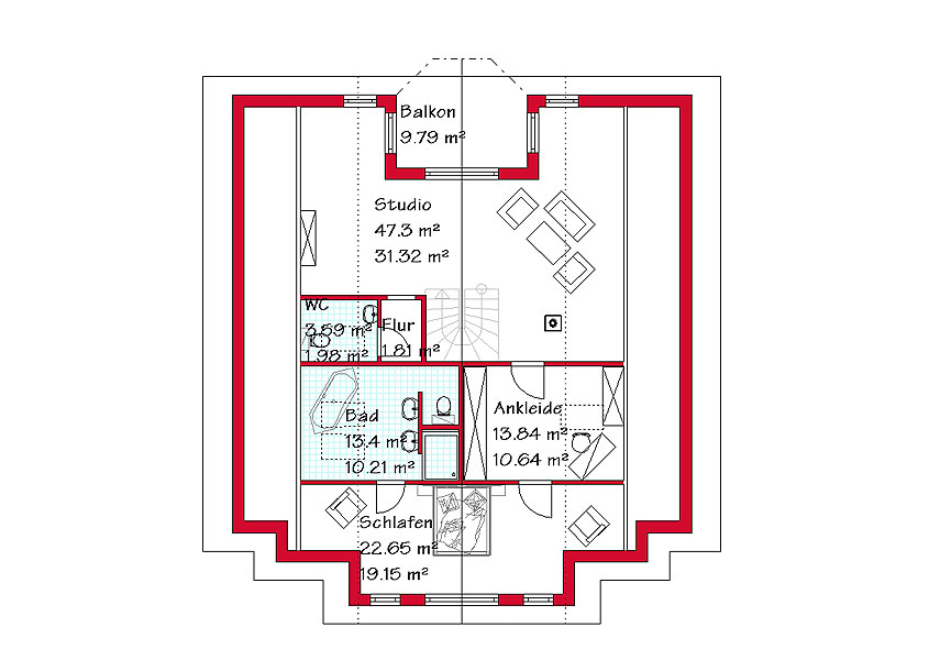 Das Dachgeschoss des Luxushauses mit 79,4 m²