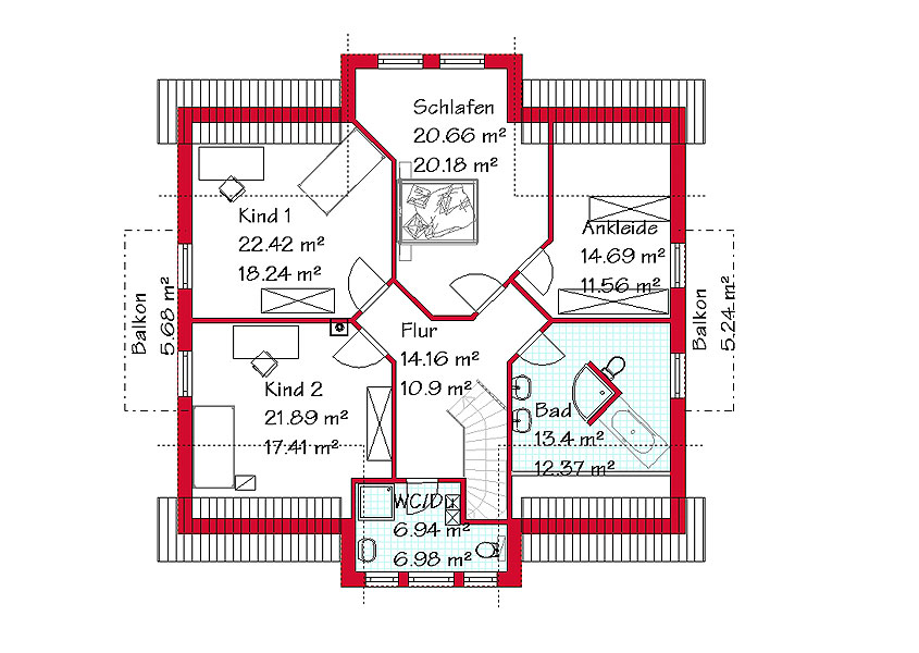 Das Dachgeschoss des Mehrgiebelhauses mit 102,9 m²