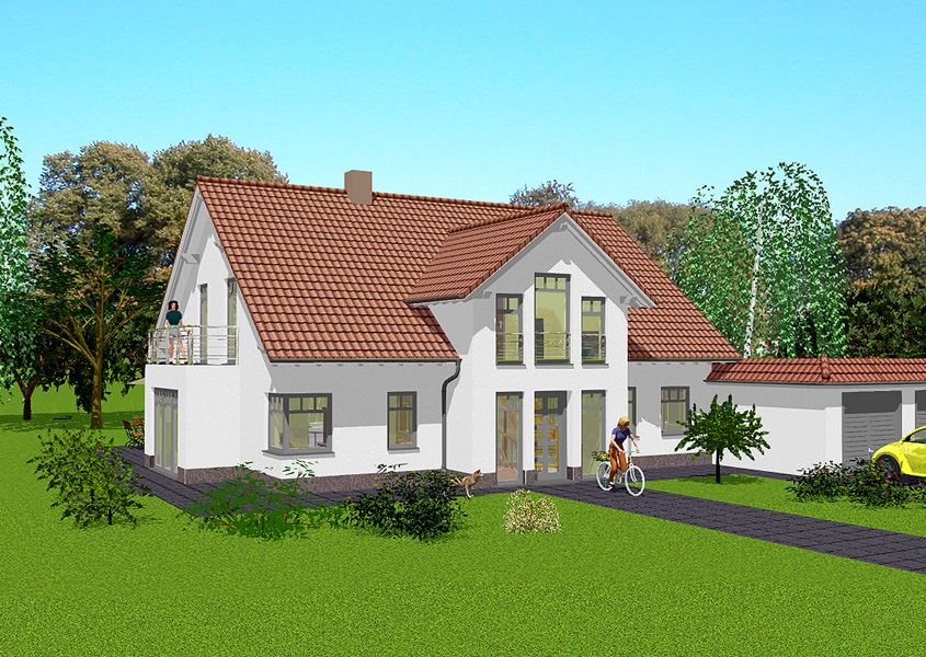 Mehrgiebelhaus Vorderansicht – Mit Balkon und Garage